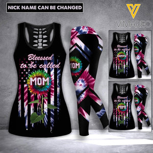 PERSONALIZED BLESSED TO BE CALLED GRANDMA TIE DYE SUNFLOWER HOLLOW-UP TANK + LEGGING QTHC1404
