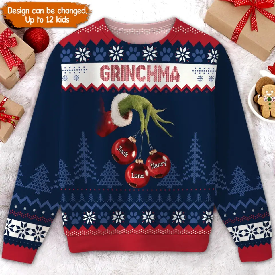 Personalized Grinchma & Kid Names Christmas Ugly Sweater Printed QTPN670