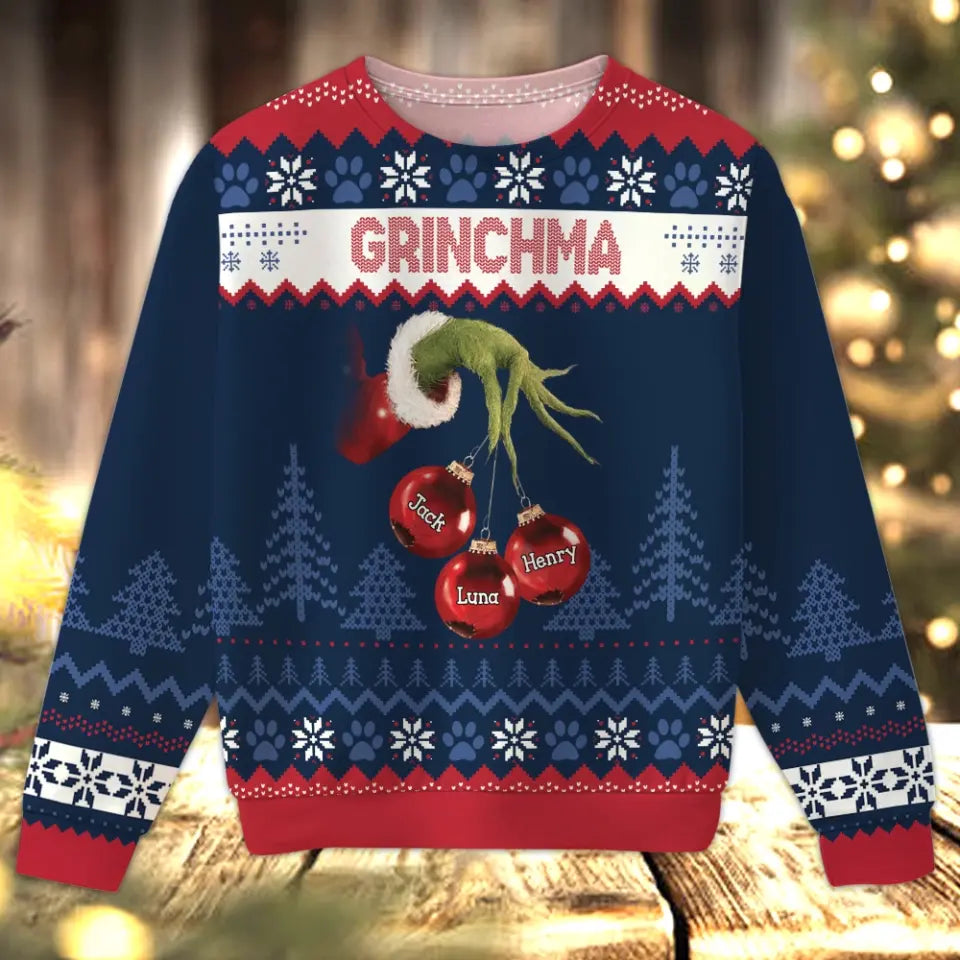 Personalized Grinchma & Kid Names Christmas Ugly Sweater Printed QTPN670