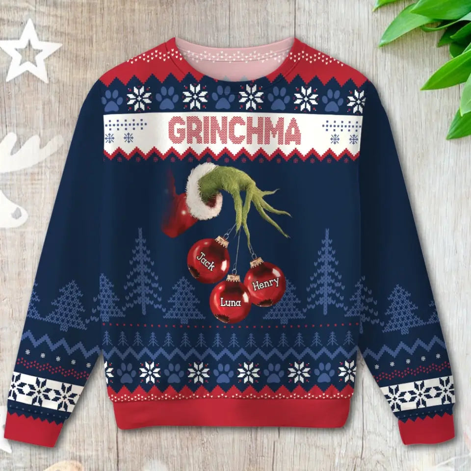 Personalized Grinchma & Kid Names Christmas Ugly Sweater Printed QTPN670
