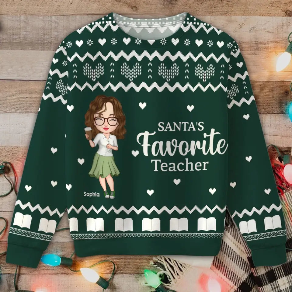 Personalized Santa's Favorite Teacher Ugly Sweater Printed HTHVQ23889