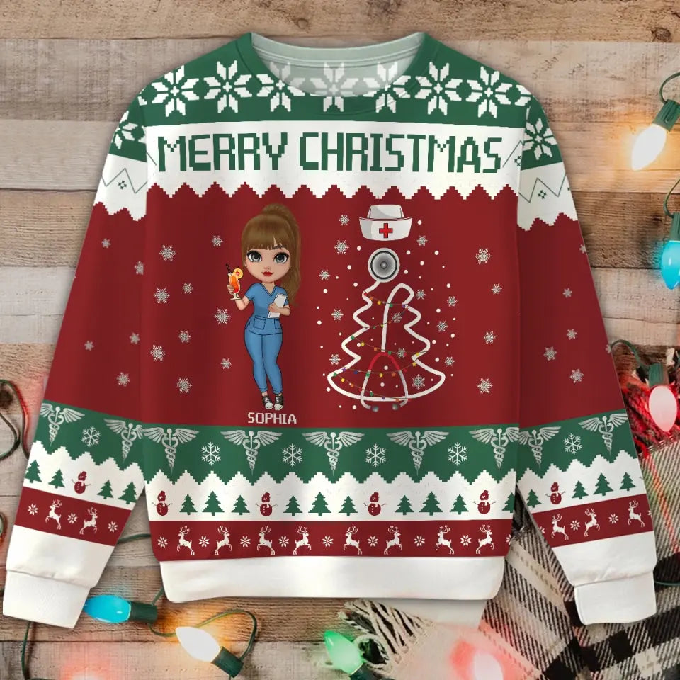 Personalized Nurse Merry Christmas Ugly Sweater Printed HTHVQ231012