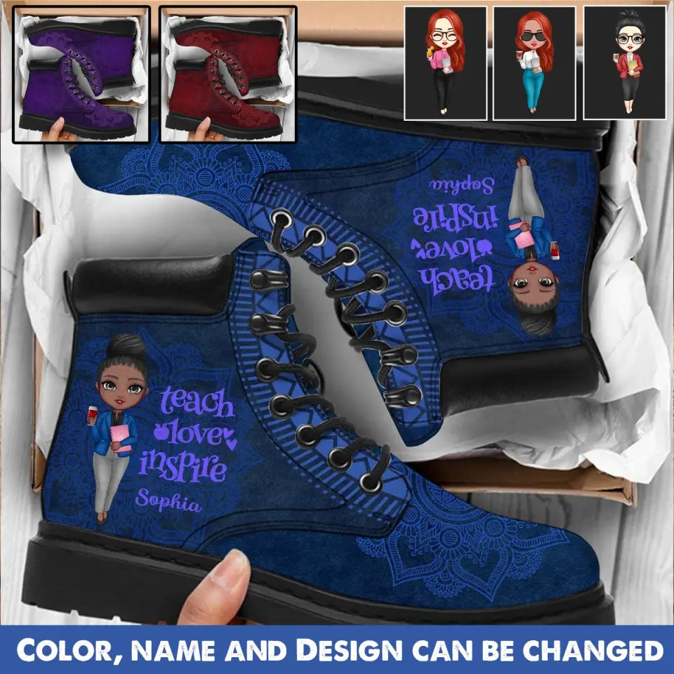 Personalized Teach Love Inspire Custom Name Gift For Teacher Leather Boots Printed KVH231065