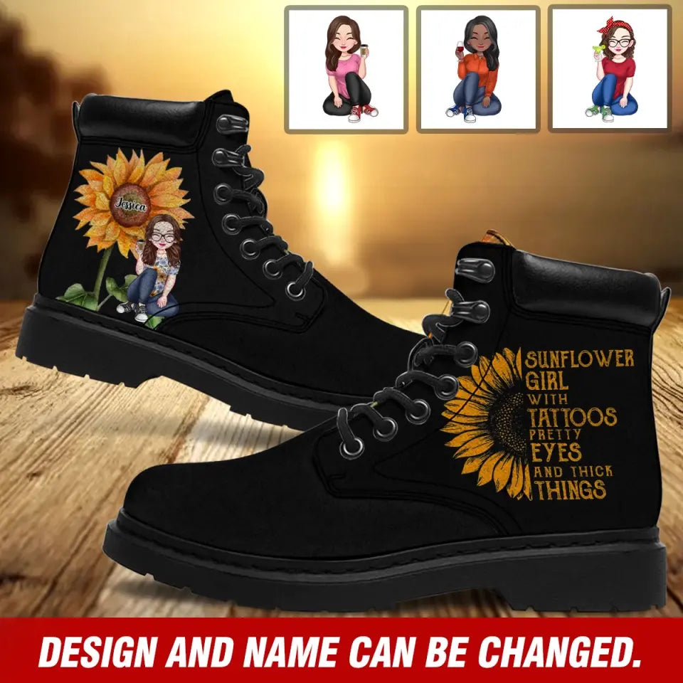 Personalized Sunflower Girl With Tattoos Pretty Eyes And Thick Things Leather Boots HTHVQ231092