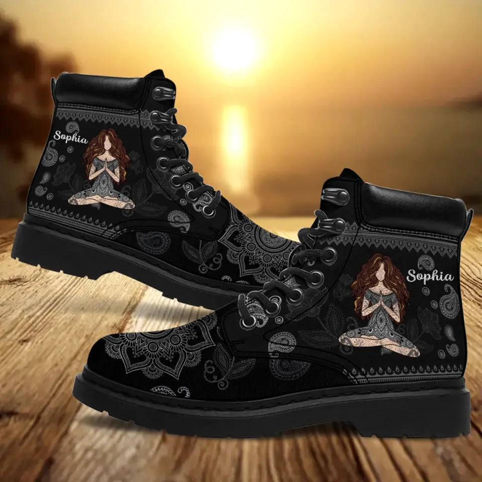 Personalized Yoga Girl Custom Name Leather Boots Printed HTHKVH231073