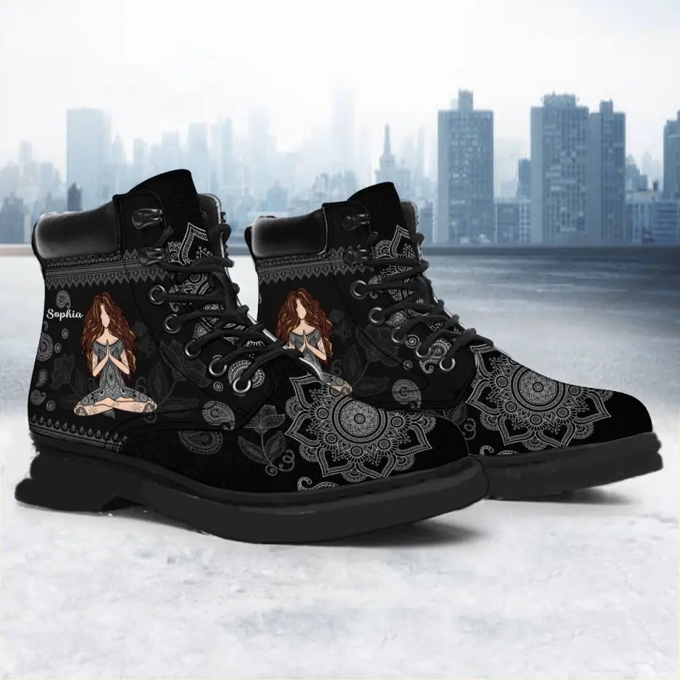 Personalized Yoga Girl Custom Name Leather Boots Printed HTHKVH231073