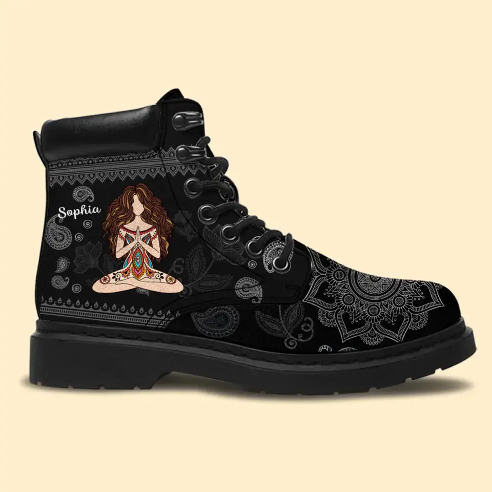 Personalized Yoga Girl Custom Name Leather Boots Printed HTHKVH231073
