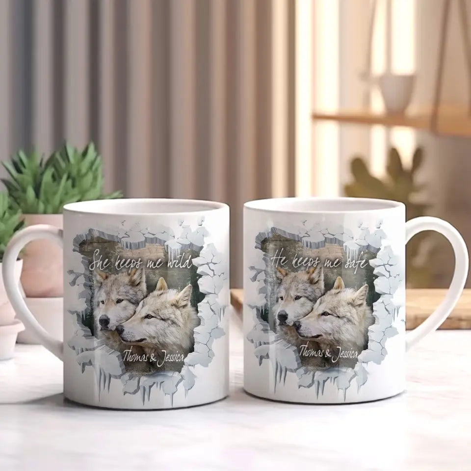 Personalized She Keeps Me Wild He Keeps Me Safe Couple Wolf White Mug Printed LVA231285