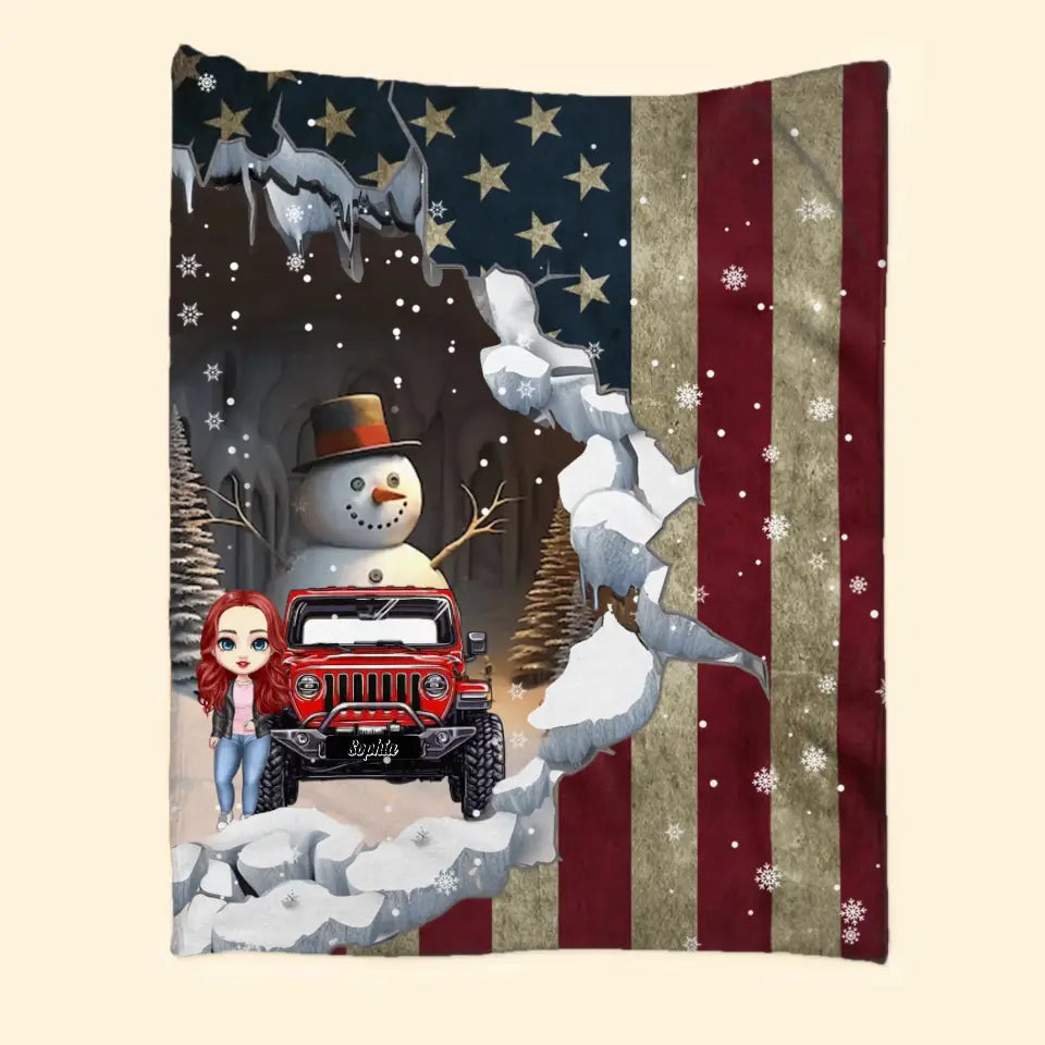 Personalized Jeep Girl Snowman Flag Sherpa or Fleece Blanket Printed MTVQ231311