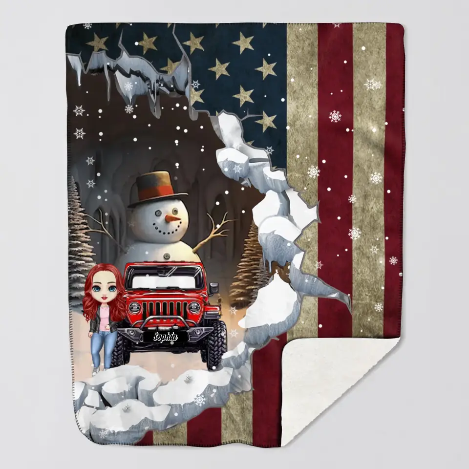 Personalized Jeep Girl Snowman Flag Sherpa or Fleece Blanket Printed MTVQ231311