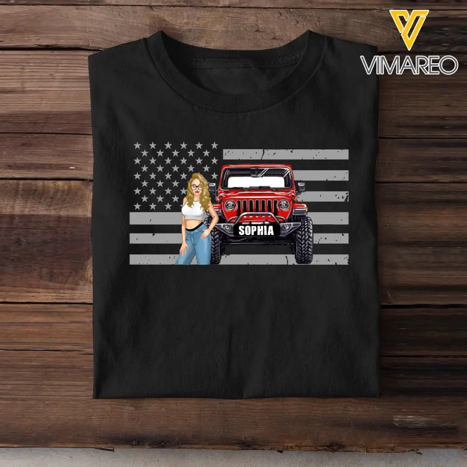 Personalized Jeep Girl US Flag Background Custom Name T-shirt Printed HN231571