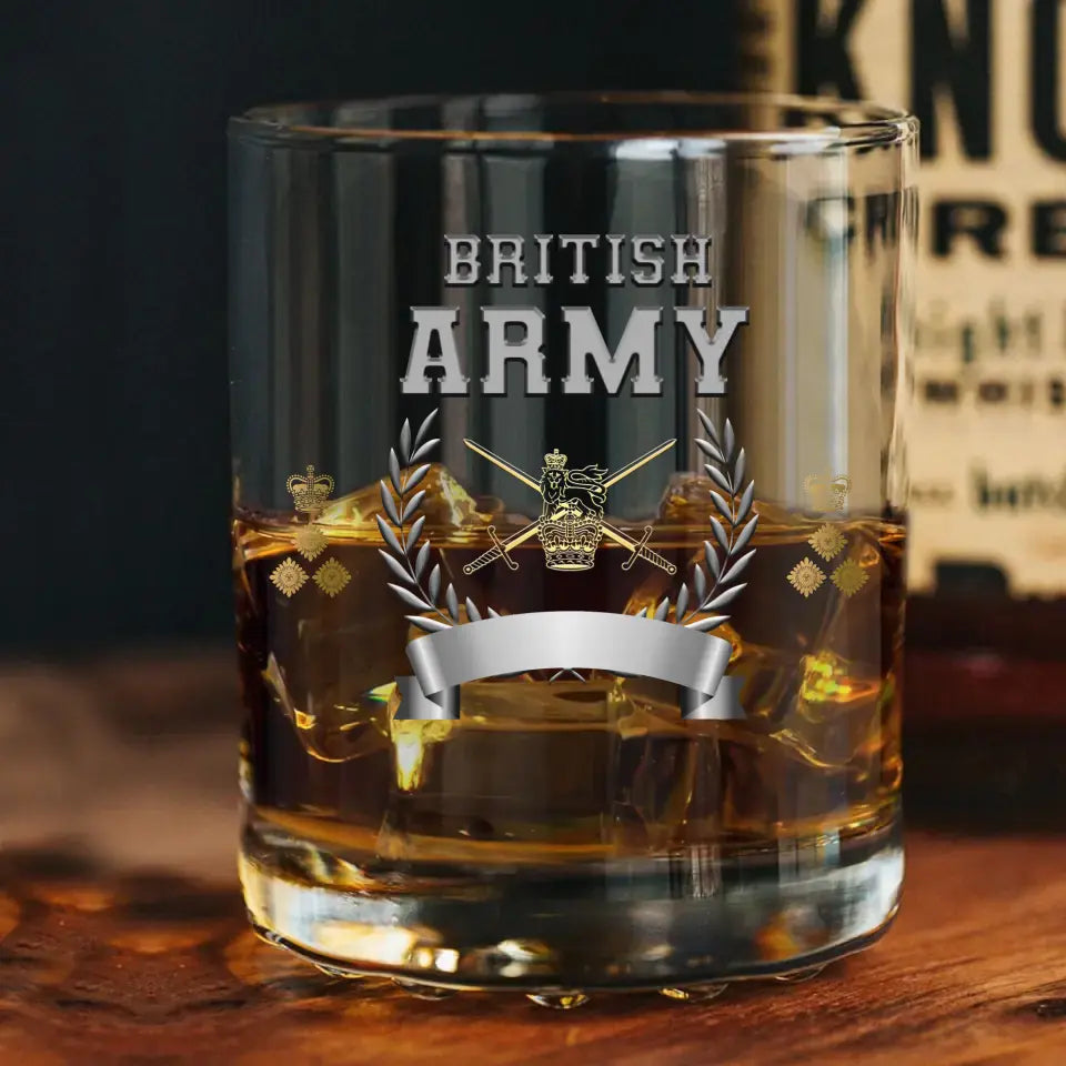 Personalized UK Army Rank Camo Custom Name & Served Time Whiskey Glass Printed AHVQ24411