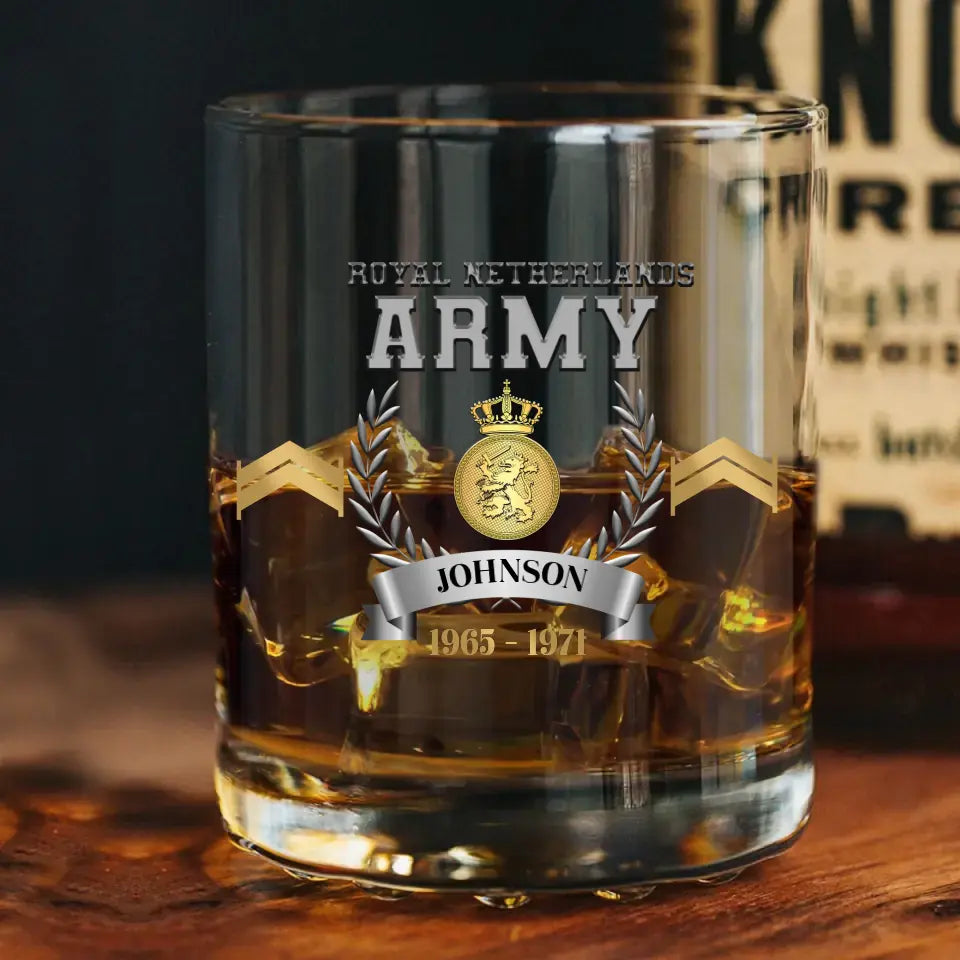 Personalized Royal Netherlands Army Rank Camo Custom Name & Time Whiskey Glass Printed AHVQ24438