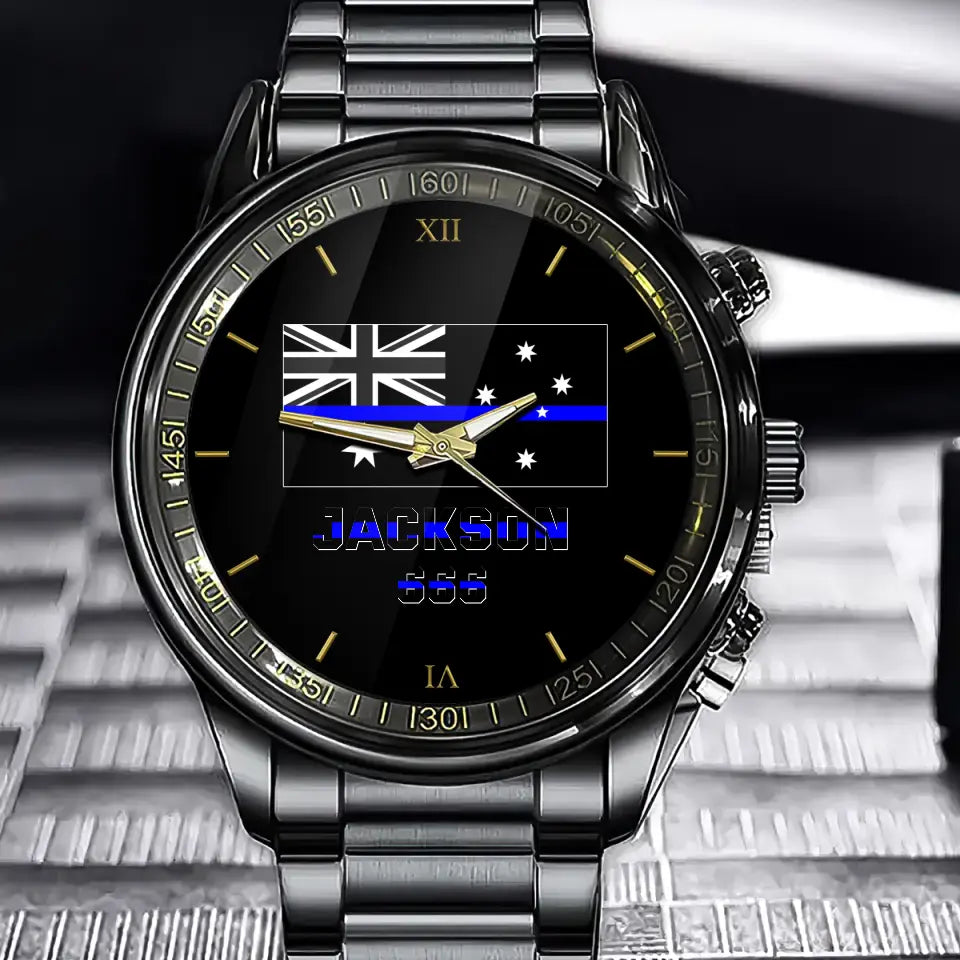 Personalized Australian Thin Blue Line Name & Badge Number Watch Printed QTKH24562
