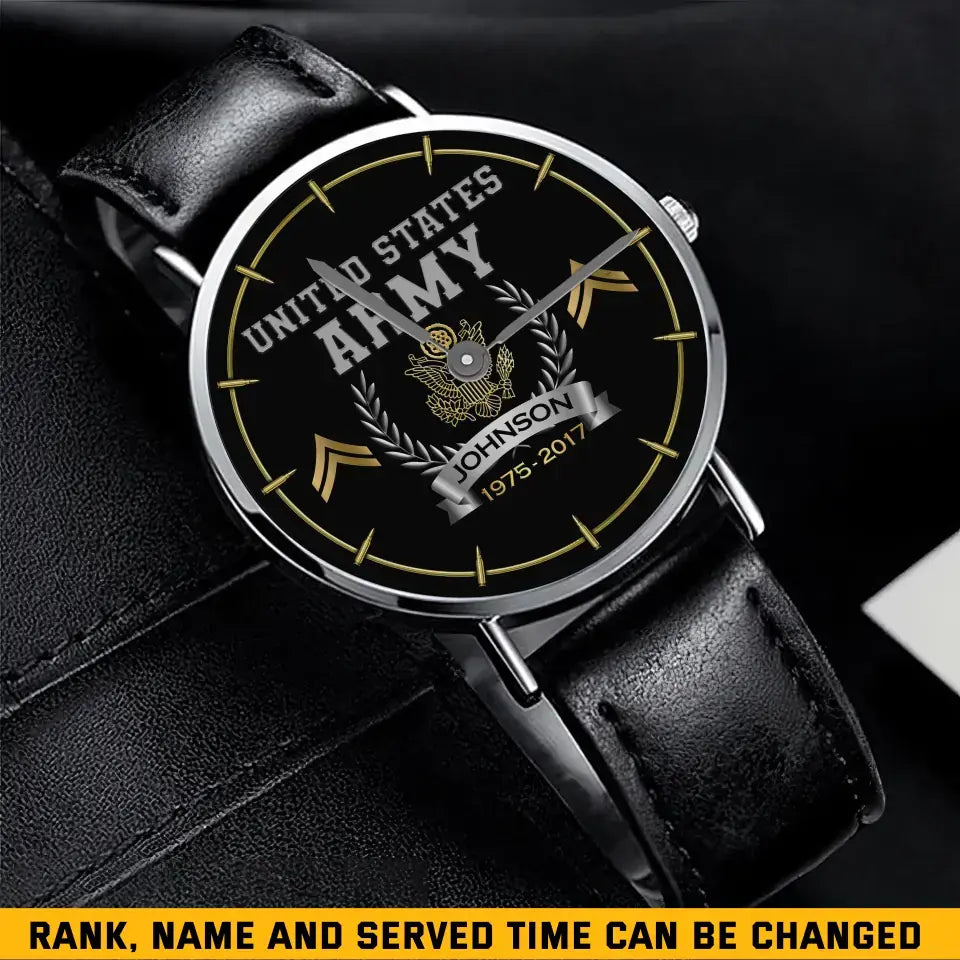 Personalized United States Army Logo Rank Camo Custom Name & Time Woman Watch Leather Band Printed AHKVH24587