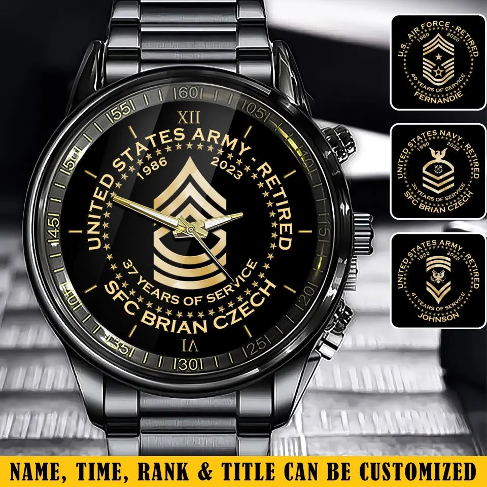 Personalized United States Army Retired Rank Camo Custom Name & Served Time Watch Printed AHVA24652