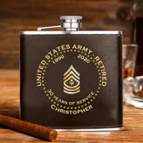 Personalized US Army Retired Custom Rank Served Time & Name Leather Flask Printed AHKH24765