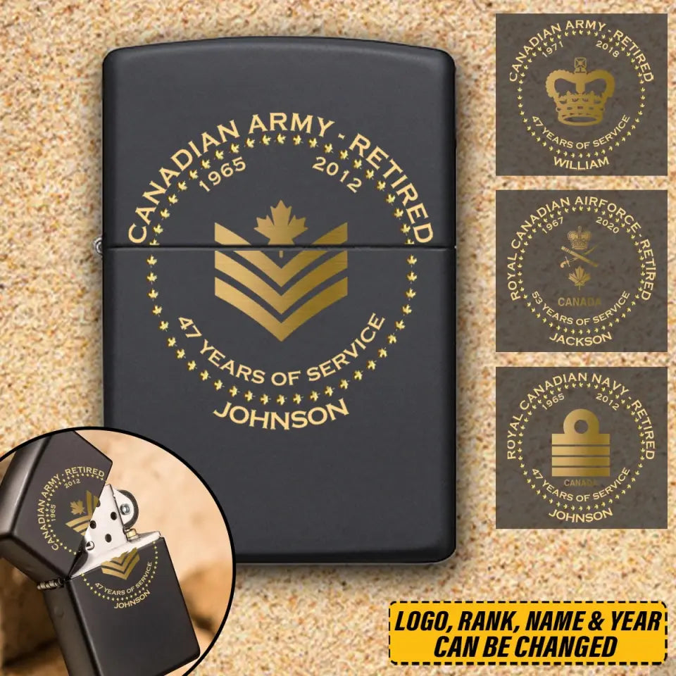 Personalized Canadian Army Retired Custom Rank & Time Lighter Printed AHVQ24815