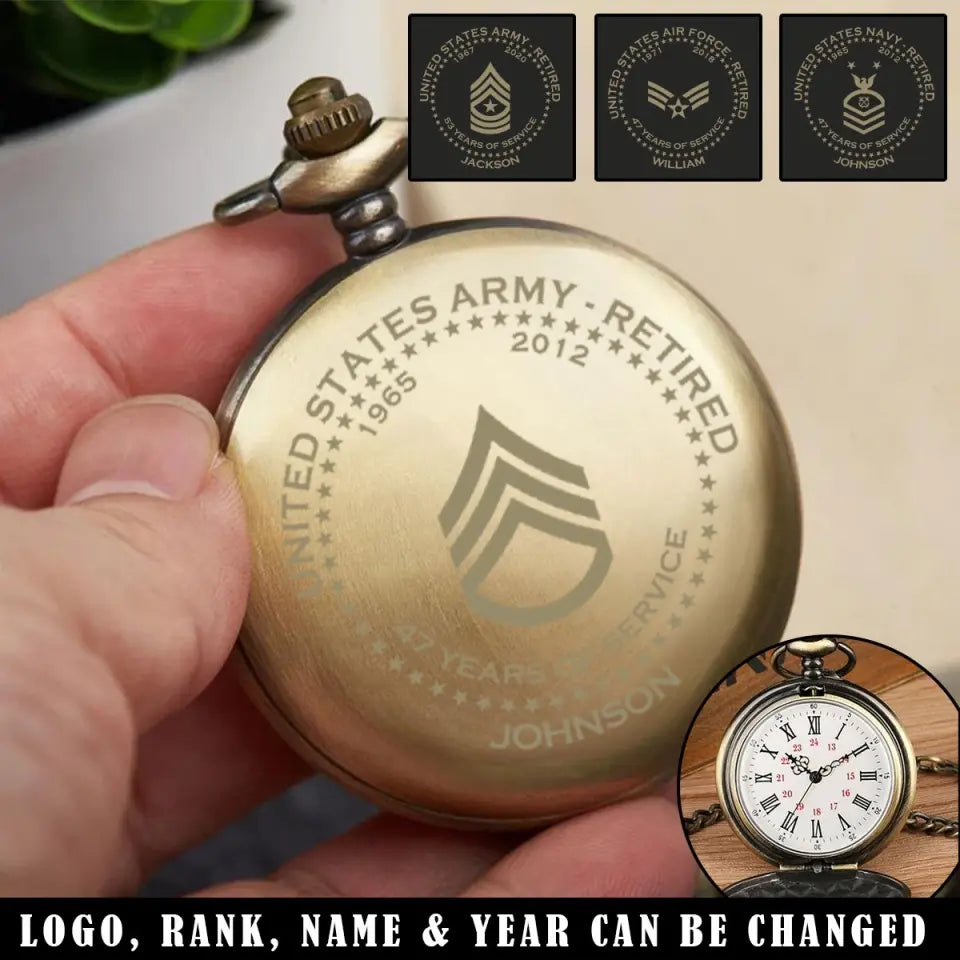 Personalized US Army Retired Custom Rank Camo & Served Time Pocket Watch Printed AHVQ24808