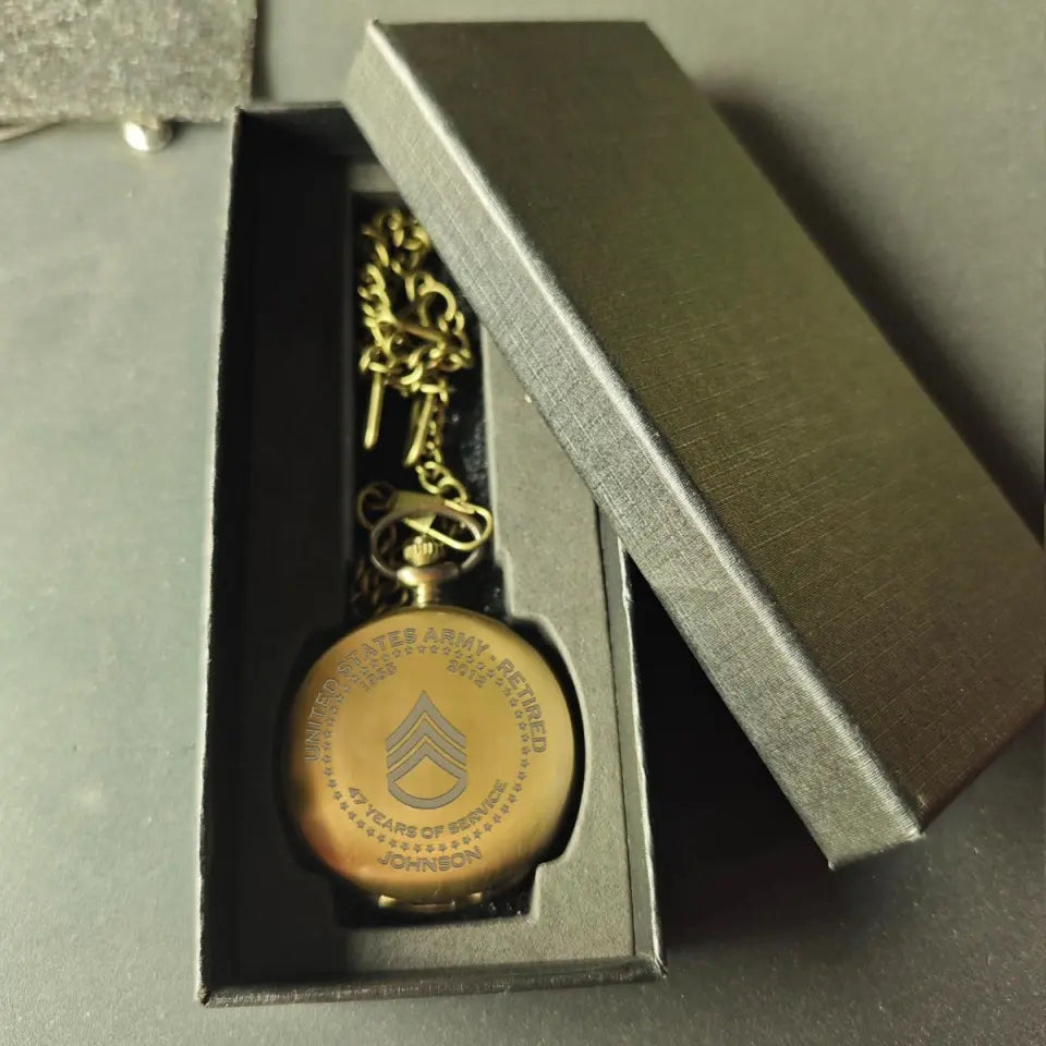 Personalized US Army Retired Custom Rank Camo & Served Time Pocket Watch Printed AHVQ24808