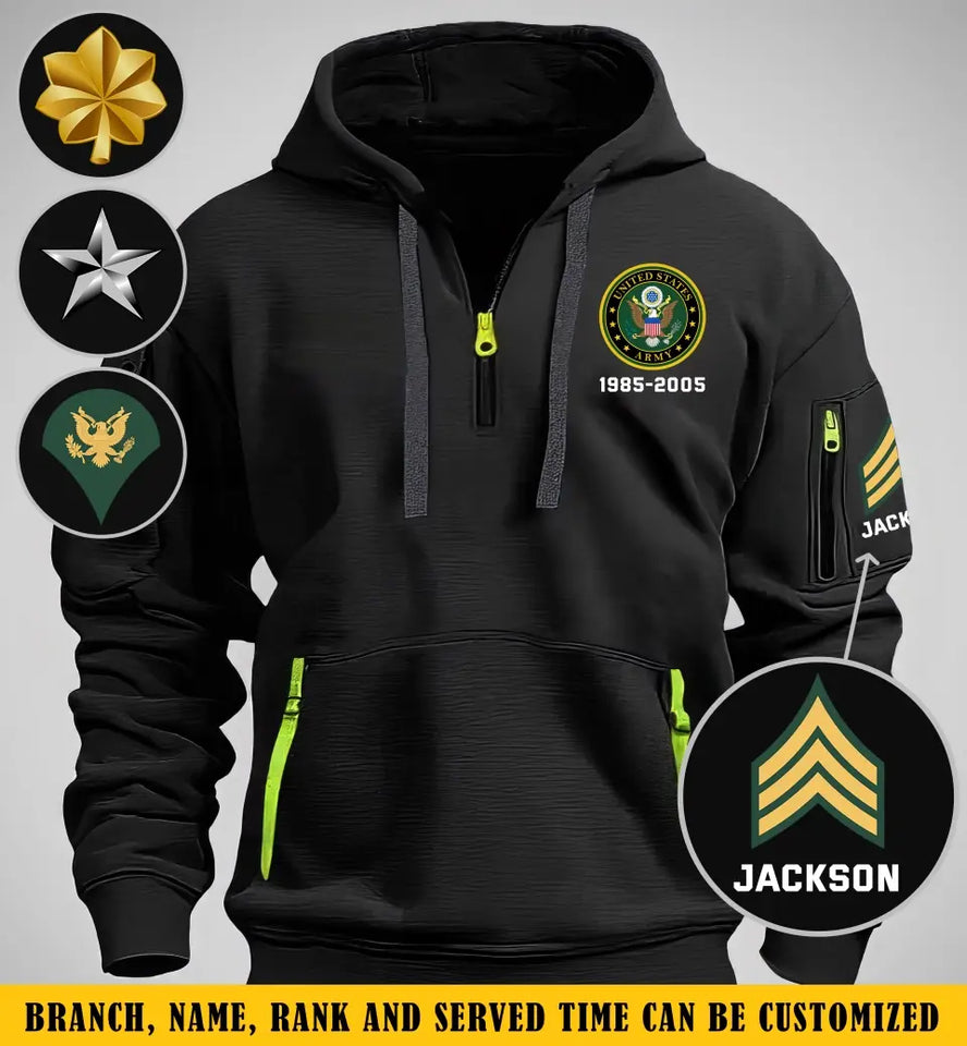 Personalized US Army Logo Custom Rank & Time Quarter Zip Hoodie 2D Printed QTKH24991