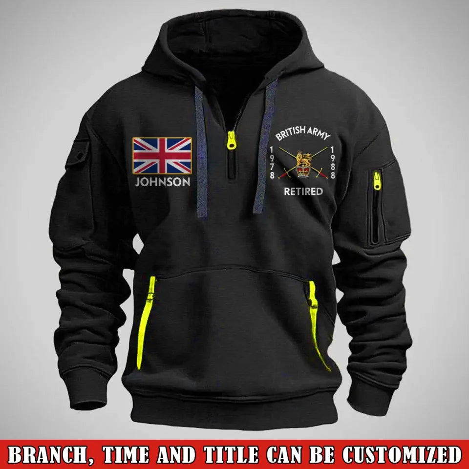 Personalized Retired British Army Logo UK Flag Custom Name Quarter Zip Hoodie 2D Printed AHVA24997