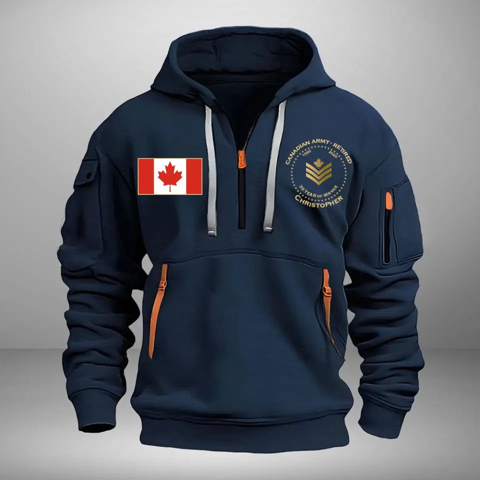 Personalized Canadian Army Retired Rank Gold Custom Name & Service Time Quarter Zip Hoodie 2D Printed AHVA241028