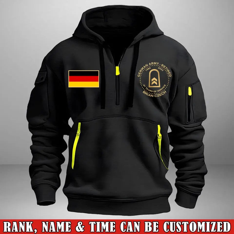 Personalized German Army Retired Rank Gold Custom Name & Service Time Quarter Zip Hoodie 2D Printed AHVA241028