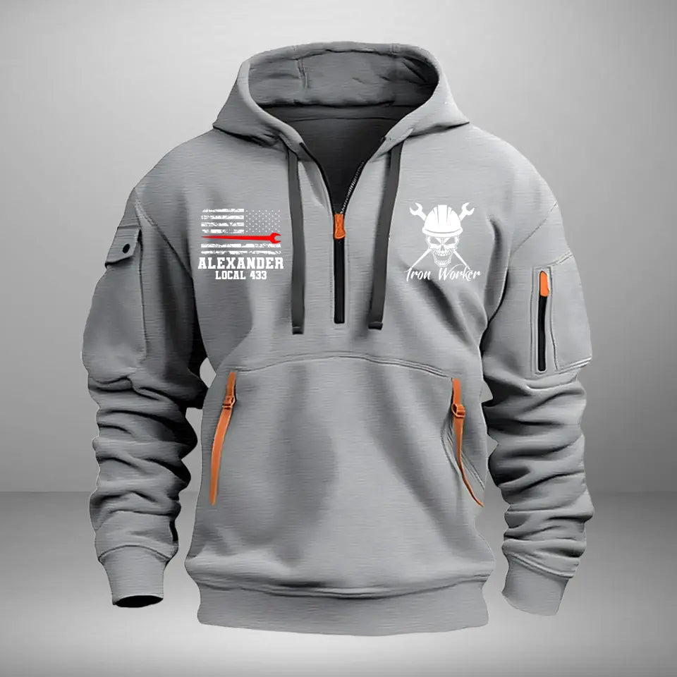 Personalized Iron Worker US Flag Custom Name Quarter Zip Hoodie 2D Printed QTKVH241036