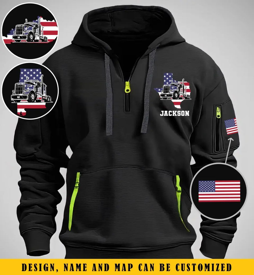 Personalized US State Map Trucker Custom Name Quarter Zip Hoodie 2D Printed KVH241040