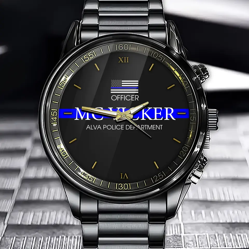Personalized US Flag Blue Line Custom Name & Department Watch Printed QTKH241052