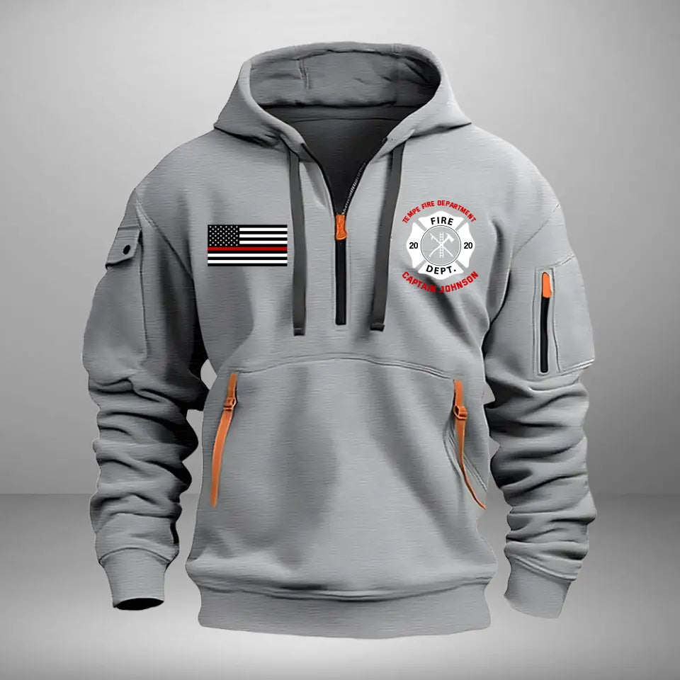 Personalized US Firefighter Flag Custom Name & Department Quarter Zip Hoodie 2D Printed AHHN241062
