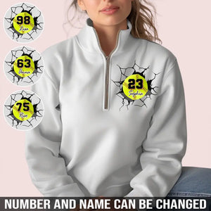 Personalized Softball Player Custom Name & ID Stand Collar Zipper Sweatshirt 2D Printed HN241105