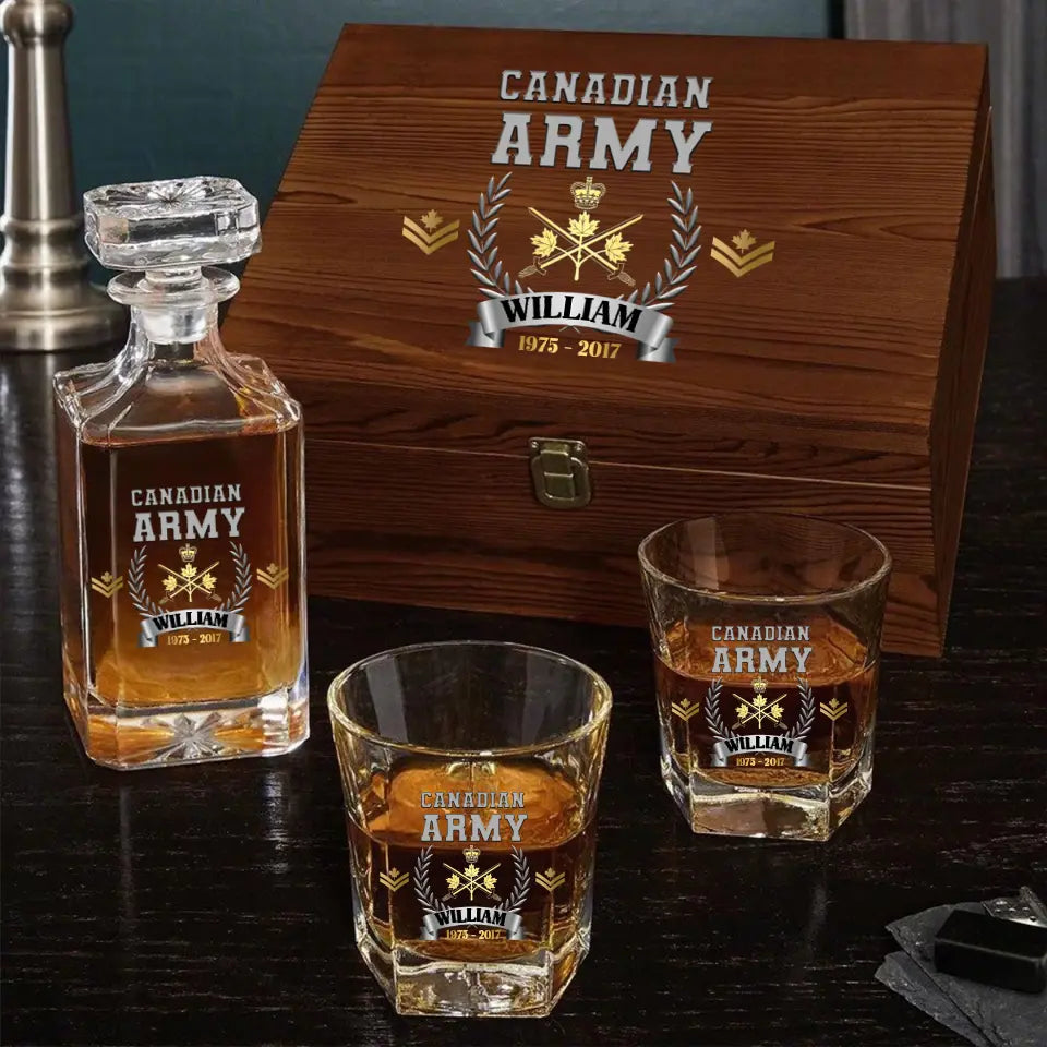 Personalized Canadian Army Rank Gold Custom Name & Time Decanter Set with Glasses Printed AHVQ241109
