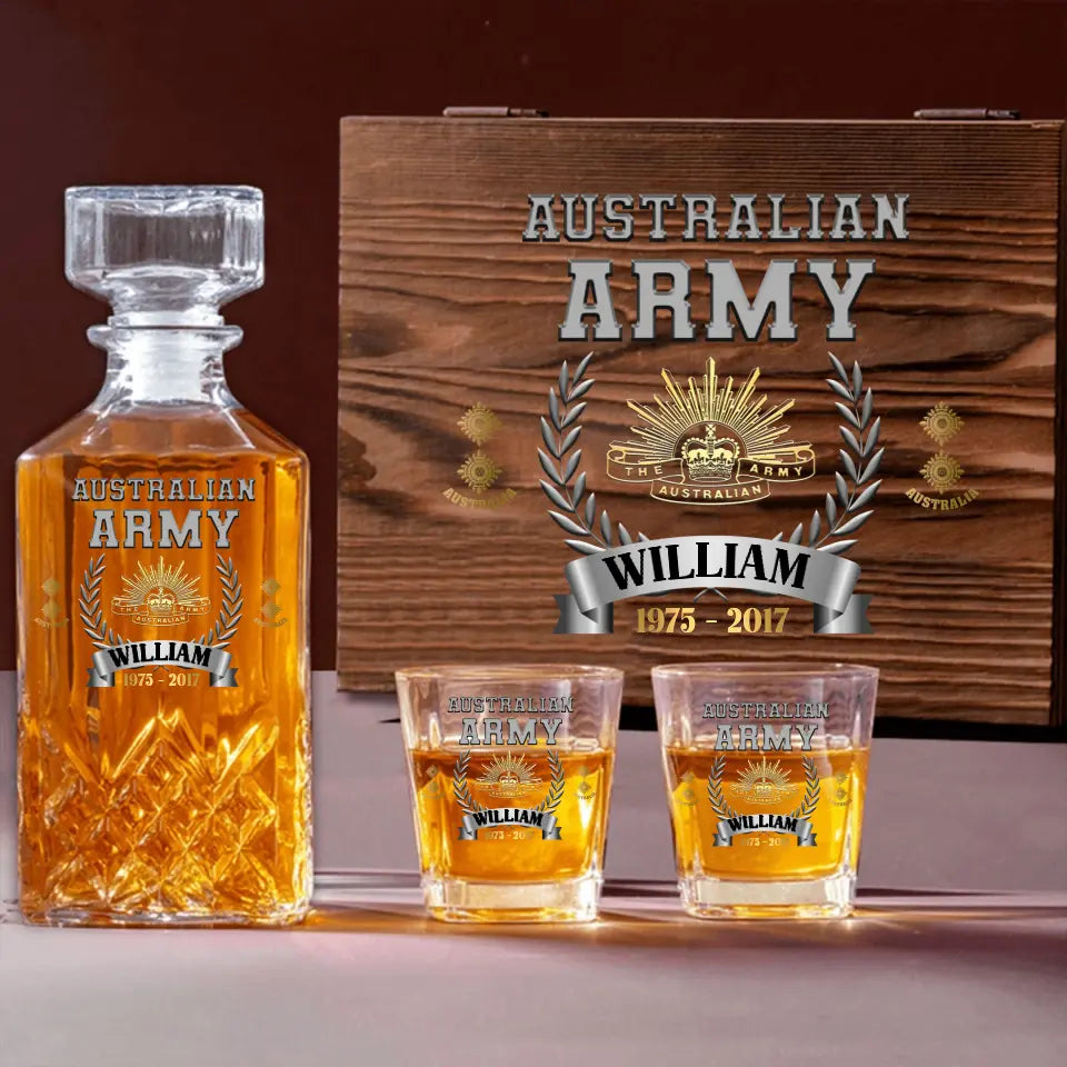 Personalized Australian Army Veteran Rank Gold Custom Name & Time Decanter Set with Glasses Printed AHVQ241109