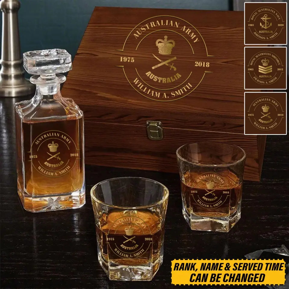 Personalized Australian Army Logo Rank Gold Custom Time Decanter Set with Glasses Printed AHVQ241135