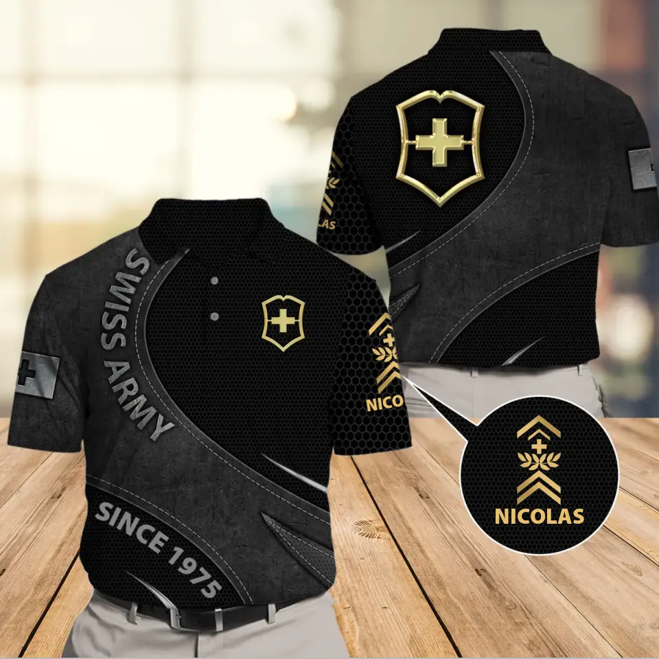 Personalized Swiss Veteran Branch Logo Custom Rank Gold, Name & Time Polo Shirt Printed AHVA241142