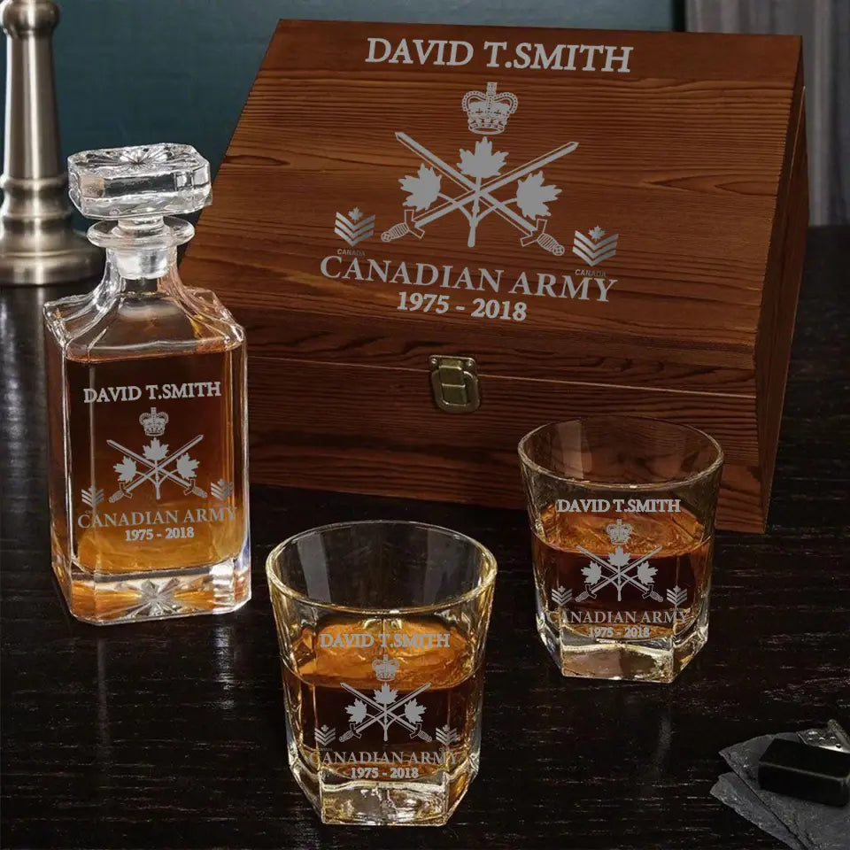 Personalized Canadian Army Logo Custom Rank, Name & Service Time Decanter Set with Glasses Printed KVH241168