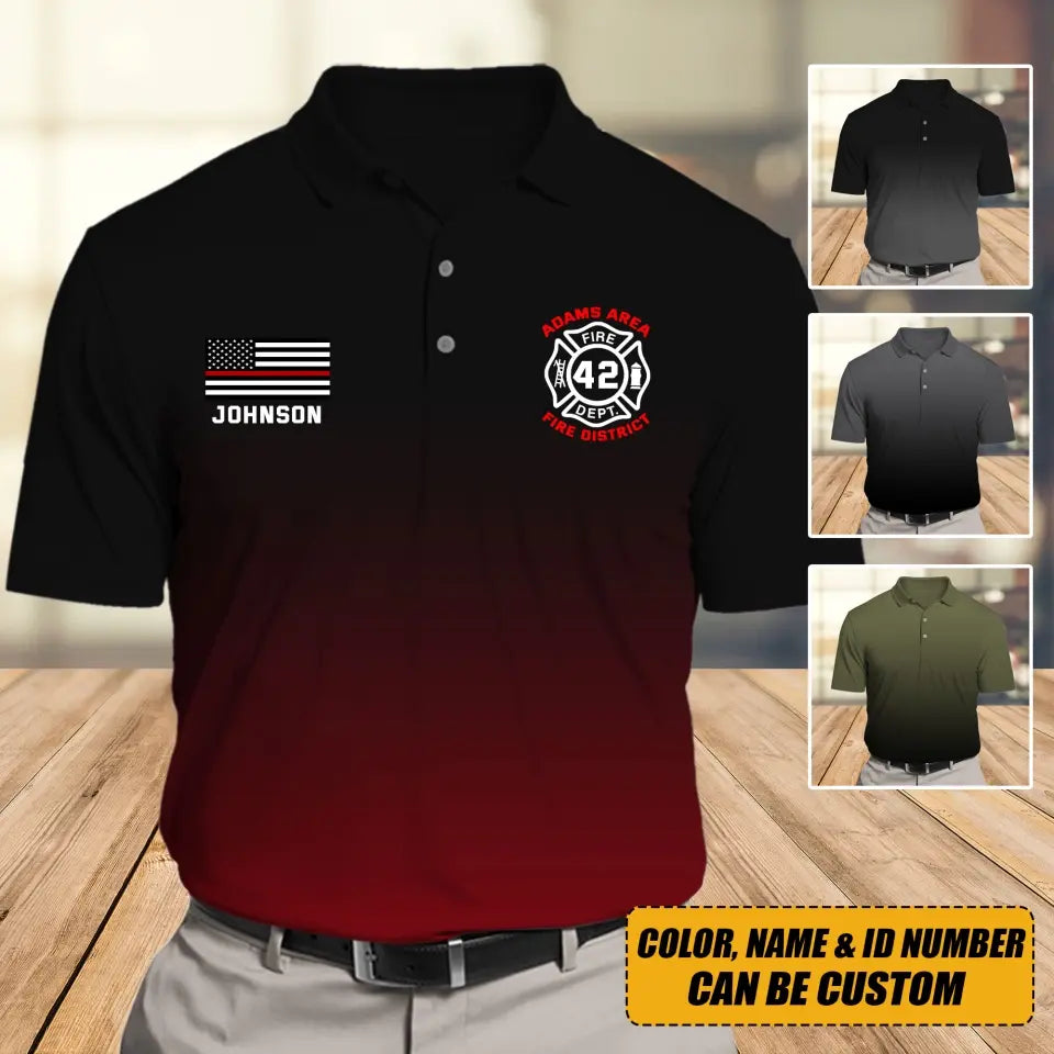 Personalized US Firefighter Flag Thin Red Line Custom ID, Name & Department Polo Shirt Printed QTVQ241206