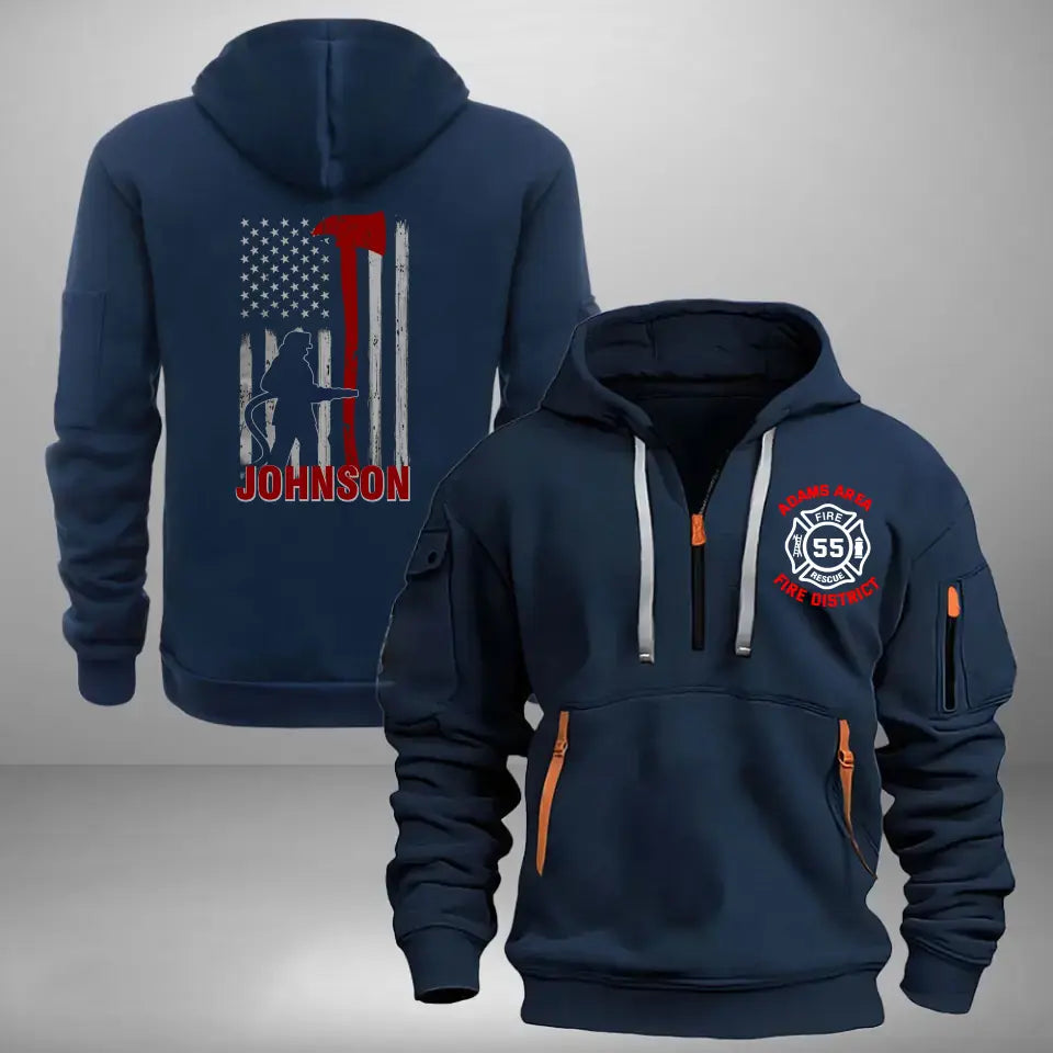 Personalized US Firefighter Flag Custom Name, Department & ID Quarter Zip Hoodie 2D Printed VQ241227