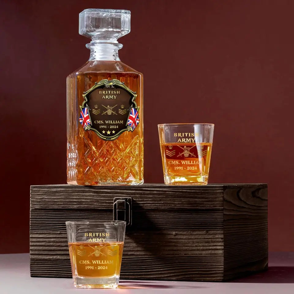 Personalized UK Veteran Branch Logo Rank Gold Custom Name Decanter Set with Glasses printed AHVA241366