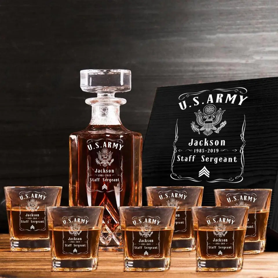 Personalized US Army Logo Custom Name & Time Decanter Set With Glasses Printed KVH241464