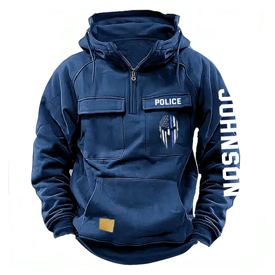 Personalized Blue Line Punisher Skull US Police Custom Name American Retro Hooded Sweatshirt Printed QTKH241477