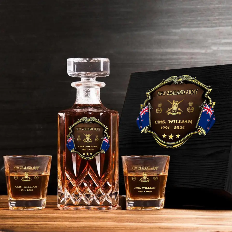 Personalized New Zealand Army Logo Rank Gold Custom Name & Time Decanter Set With Glasses Printed AHVA241480