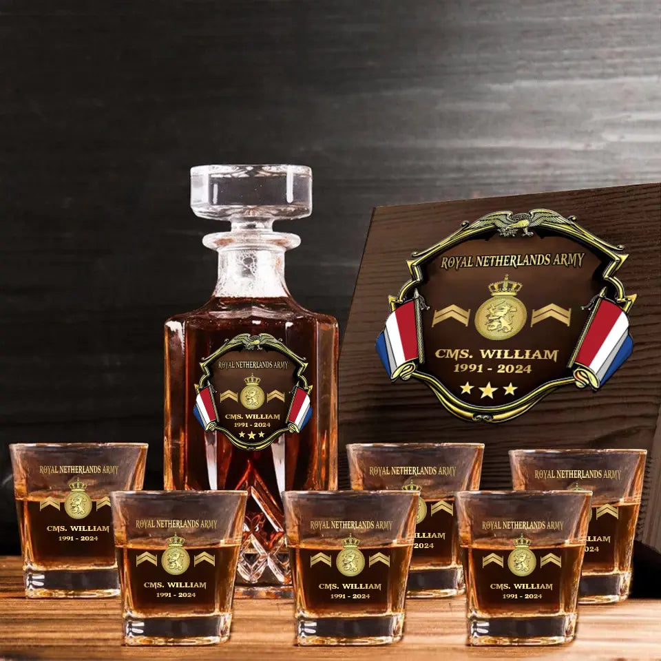 Personalized Netherlands Army Logo Rank Gold Custom Name & Time Decanter Set With Glasses Printed AHVA241480