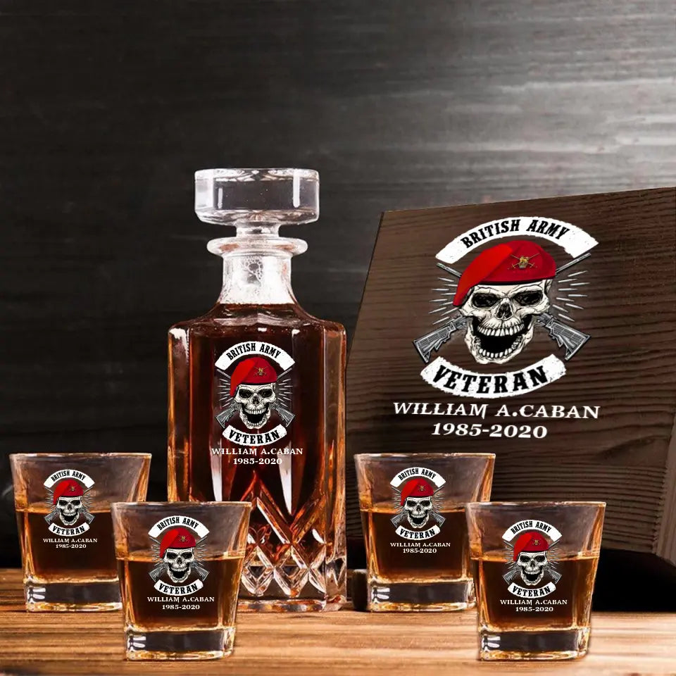Personalized UK Veteran Skull Logo Custom Name & Time Decanter Set With Glasses Printed AHVA241491