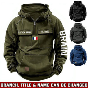 Personalized French Army Veteran Custom Name France Flag American Retro Hooded Sweatshirt Printed QTVA241509