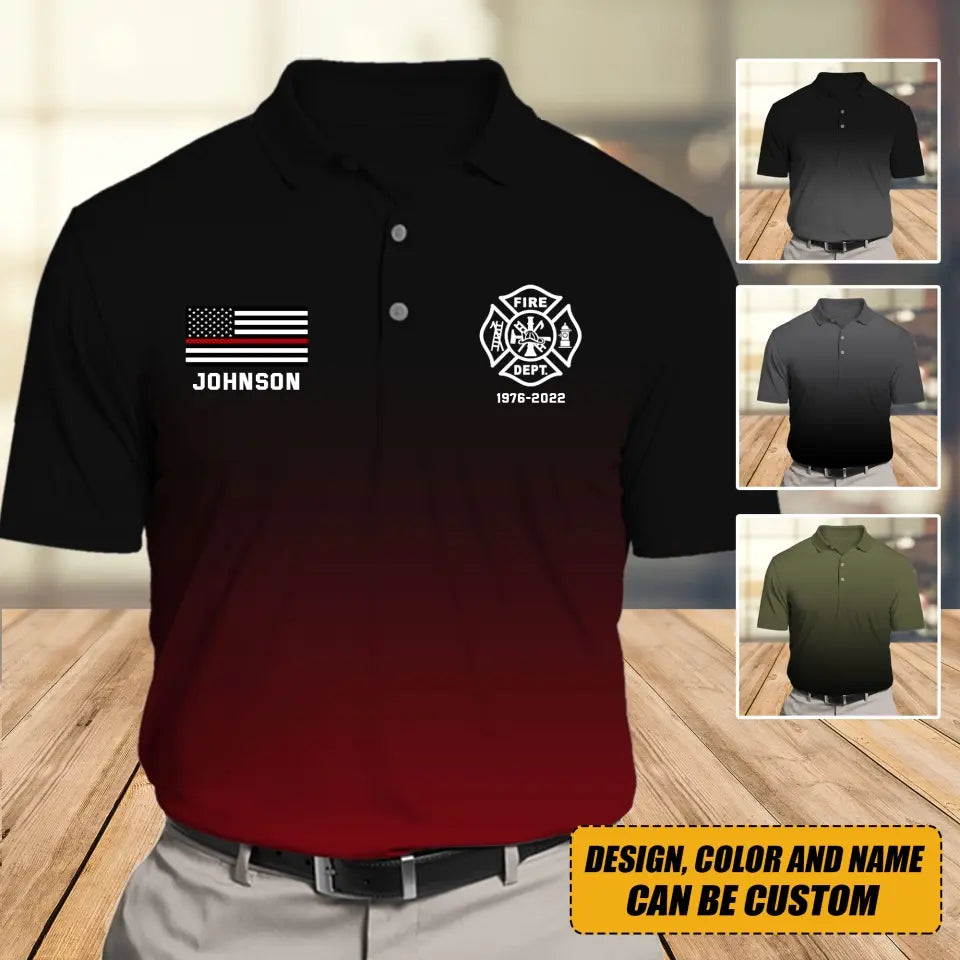 Personalized US Firefighter Flag Thin Red Line Custom Name Polo Shirt Printed QTVQ241511