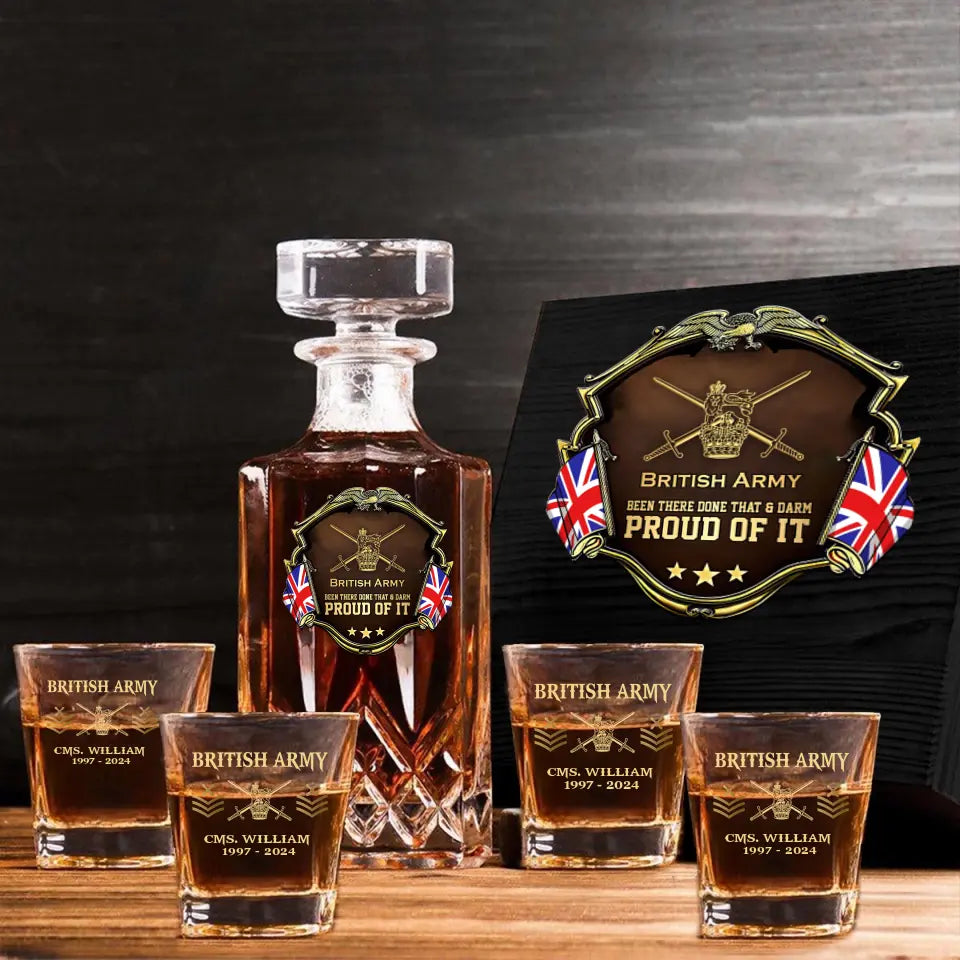 Personalized UK Army Been There Done That & Darm Proud Of It UK Veteran Rank Gold Decanter Set With Glasses Printed AHVA251595