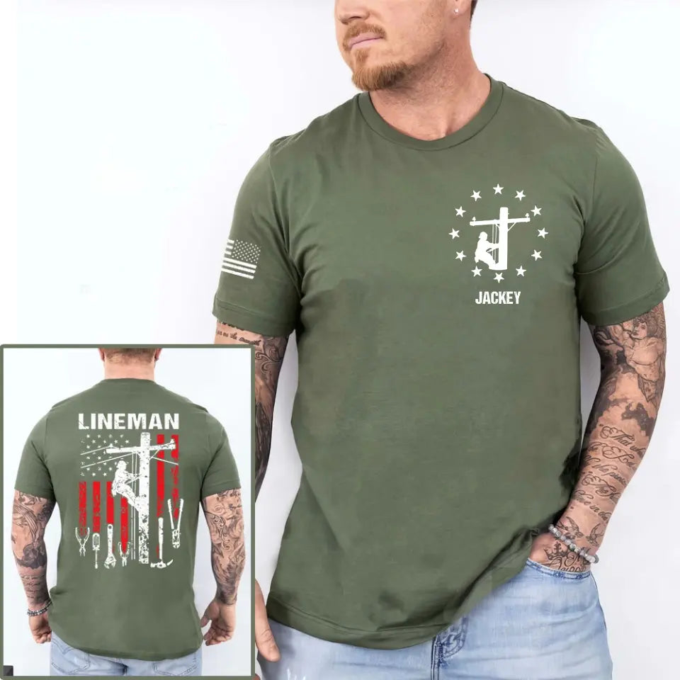 Personalized Lineman Lineworker US Flag T-shirt Printed HN241679